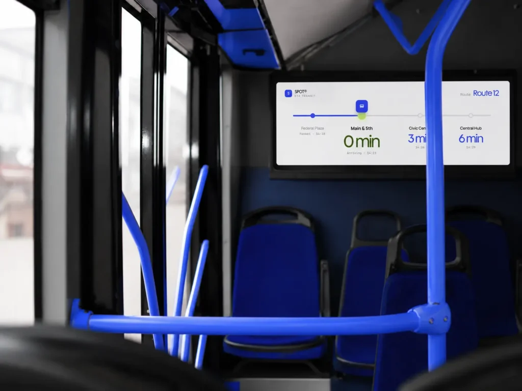 A Modern City Bus With A Large Onboard Lcd Infotainment Screen Displaying A Real Time Transit Map