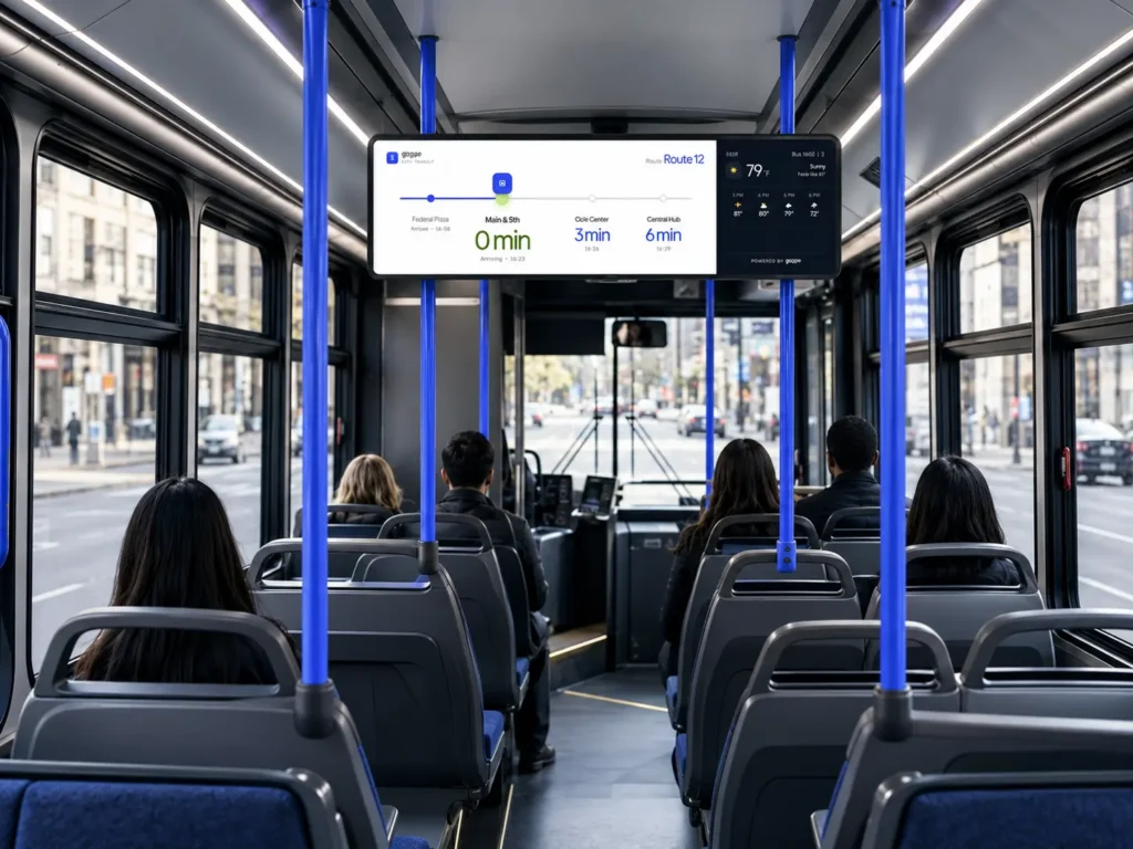 A Modern City Bus With A Large Onboard Lcd Infotainment Screen Displaying A Realtime Transit Map